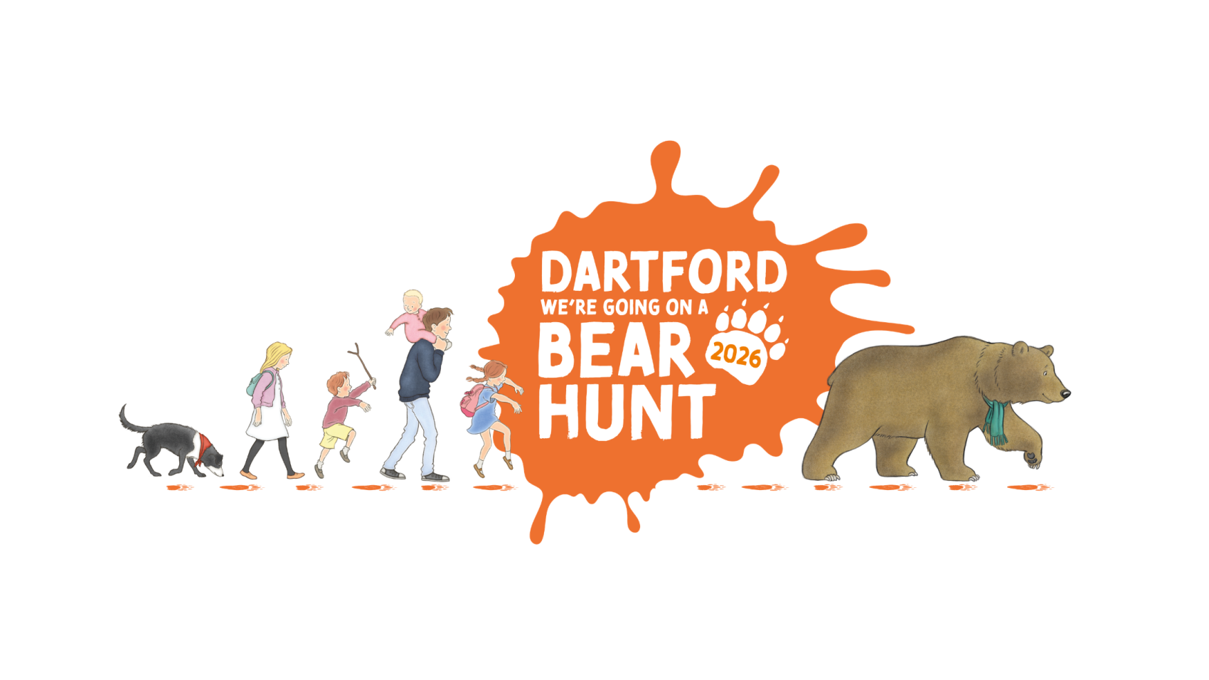 Dartford “We’re Going on a Bear Hunt” 2026 illustration with people, a dog and a bear walking across a white background.