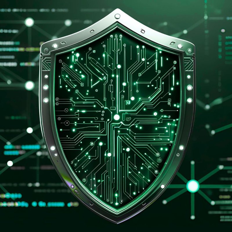 A metallic shield with a glowing green circuit board pattern on its surface, symbolizing cybersecurity. The background features abstract digital elements and network diagrams in shades of green and black.
