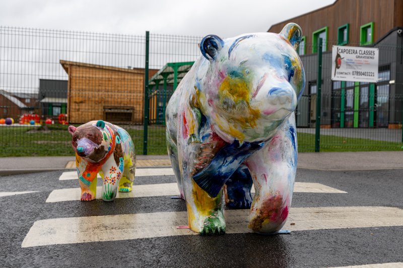Two bear scupltures (one big, one small) being positioned to cross a zebra crossing in Dartford, with a school in the background.