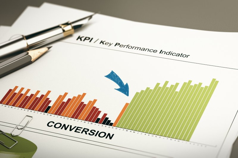 Bar graph illustrating KPI conversion improvement, with red and orange bars transitioning to green via a blue arrow, suggesting performance growth.