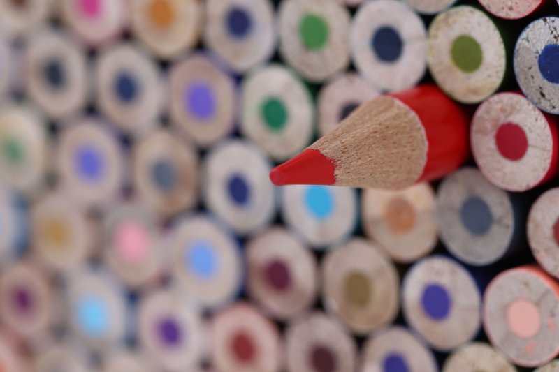 Grid of coloured pencils with one red pencil prominently standing out, symbolising creativity, uniqueness, and bold design choices.