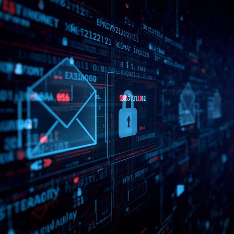 Illustration of a secure email environment showing envelope icons and padlock symbols overlaid on a digital network interface, representing email security, encrypted communications and protection against cyber threats.