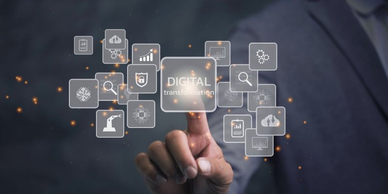 Person in a suit interacting with a digital interface, touching a central icon labeled 'DIGITAL transformation,' surrounded by icons representing cloud computing, data analysis, security, automation, and connectivity.