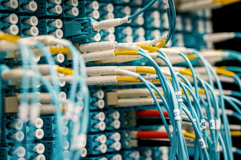 Close-up of a network server with organised, colour-coded fibre optic cables connected to ports, representing high-speed connectivity and structured IT infrastructure.