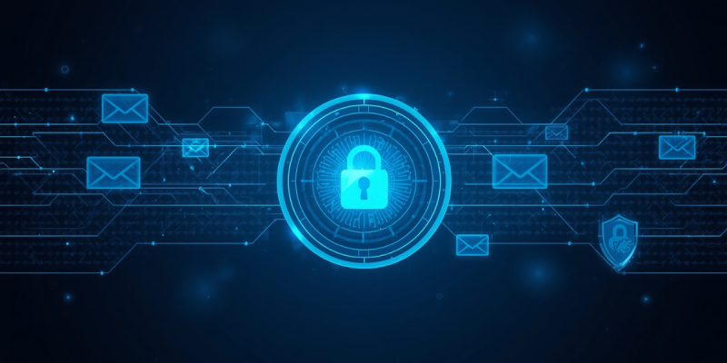 Digital padlock surrounded by interconnected email icons and security symbols, representing enhanced email security, compliance and data protection.