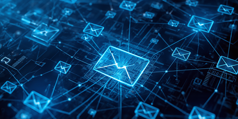 Digital network of interconnected email icons centred around a glowing email message, representing secure email communications and advanced email threat protection.