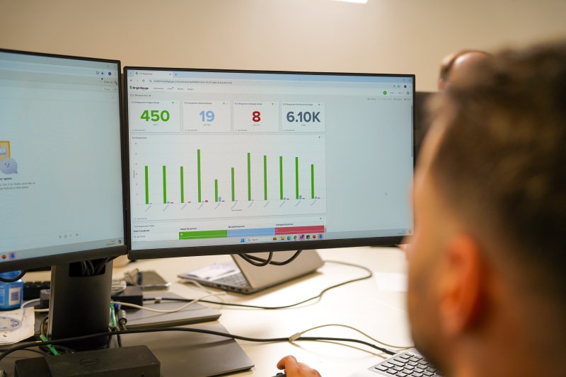 Working professional analysis key performance indicators and data metrics on a computer screen. The data is displayed with green bars.